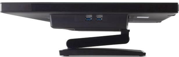 Ein schwarzer Monitor in Seitenansicht mit zwei USB-Anschlüssen unterhalb des Bildschirms. Der Standfuß ist leicht angewinkelt.