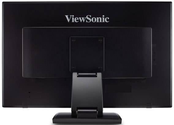 Ein Computerbildschirm von hinten. Aufschrift 'ViewSonic' oben mittig. Schwarzes Gehäuse mit einem festen Standfuß.