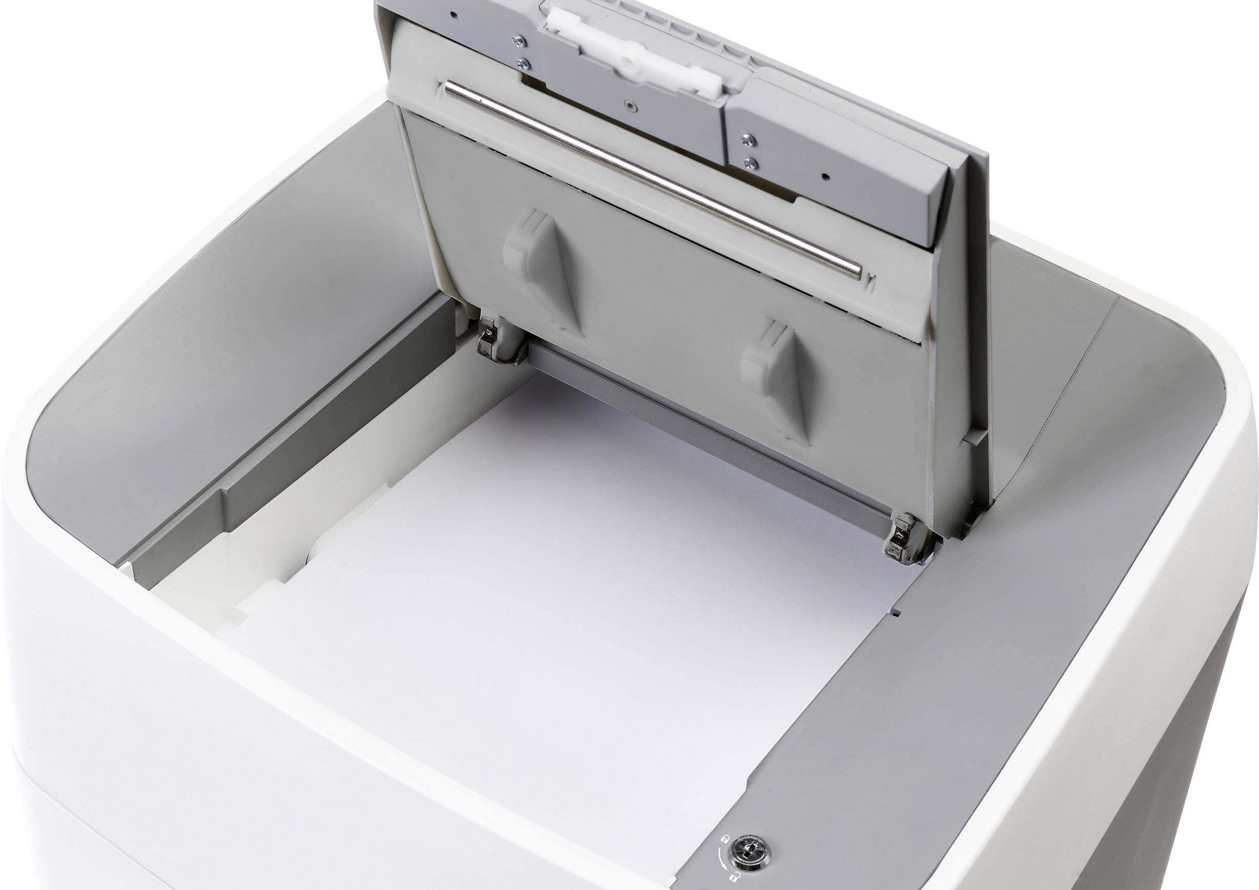 Ein geöffneter Drucker mit Blick auf das Papierfach und die interne Mechanik.
