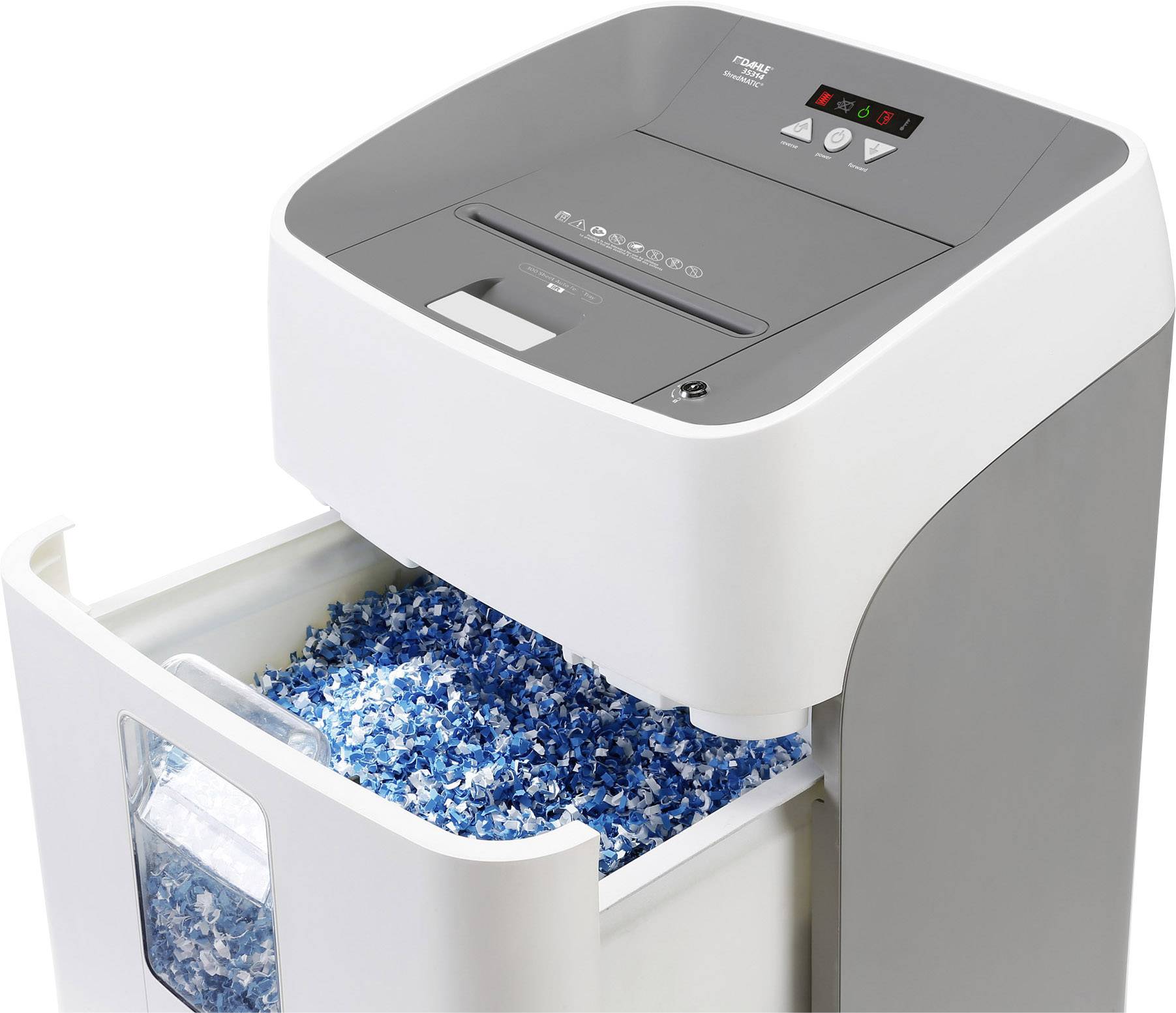 Aktenvernichter mit herausgezogenem Behälter, gefüllt mit blauen Papierschnipseln. Elektronisches Bedienfeld oben sichtbar.