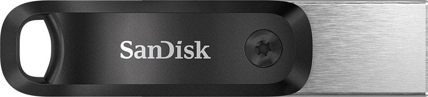 USB-Stick von SanDisk, schwarz mit silbernem Metallgehäuse. Vielseitiges Speichergerät für den Datentransfer und die Datensicherung.