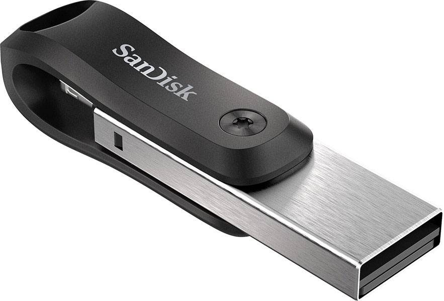 USB-Speicherstick mit schwarzem und silbernem Design, liegend. Markenname 'SanDisk' in Weiß auf der schwarzen Abdeckung.