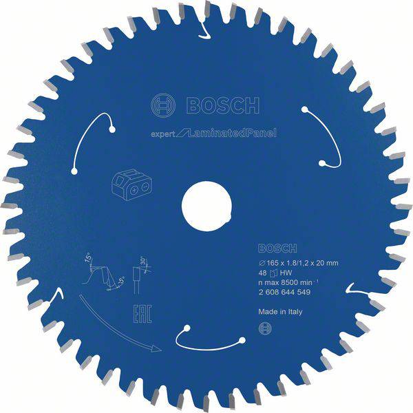 Kreissägeblatt von Bosch, blau, Durchmesser 165 mm, geeignet für laminierte Platten, mit 48 Zähnen und technischen Spezifikationen.