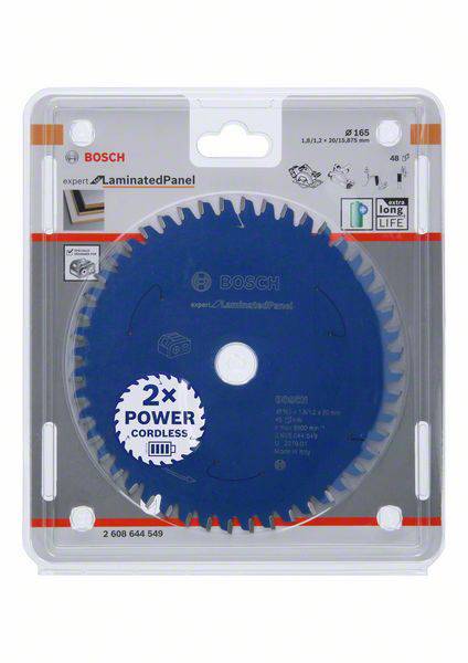 Eine Bosch Kreissägeblatt-Verpackung speziell für Laminatplatten, betont erhöhte Schnittleistung und kabellose Nutzungsmöglichkeiten.