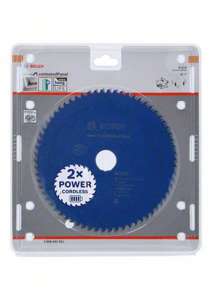 Verpackung eines blauen Kreissägeblatts für Laminat, kompatibel mit Akku-Geräten. Marke: Bosch, beworben mit '2x Power'.