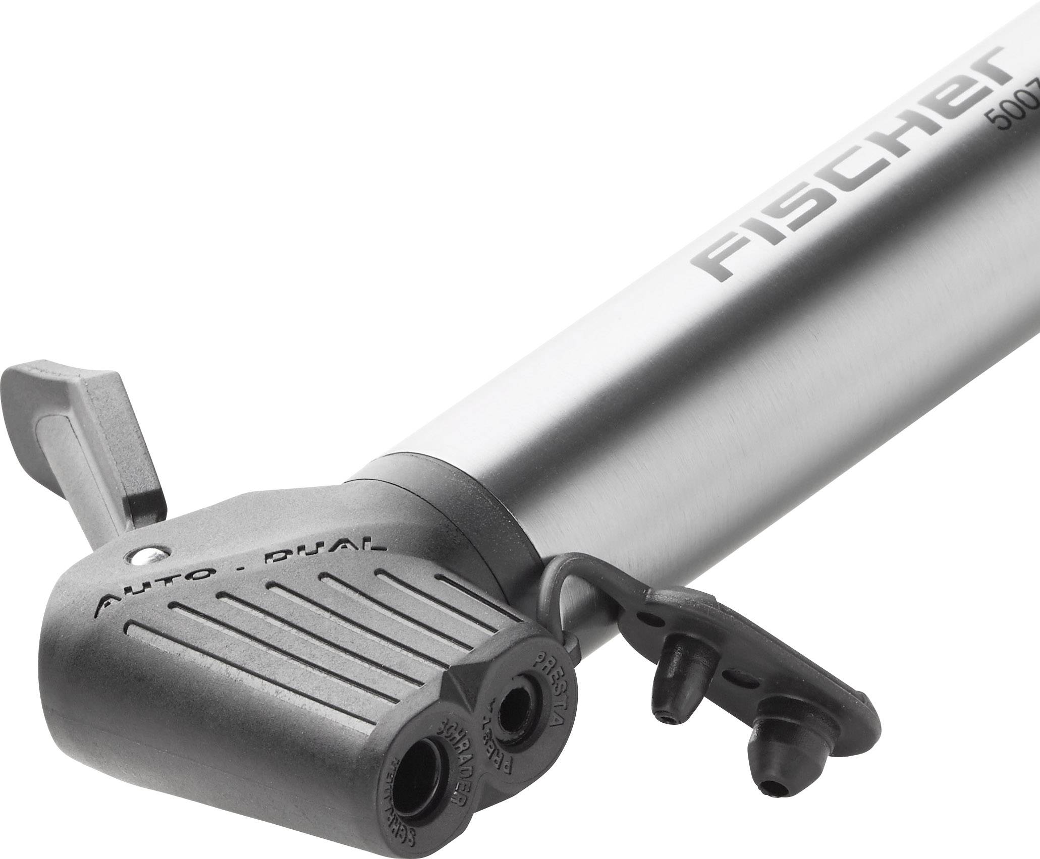 Handluftpumpe mit silbernem Zylinder und schwarzem Pumpkopf, der zwei Ventiltypen unterstützt ('Auto' und 'Dunlop').