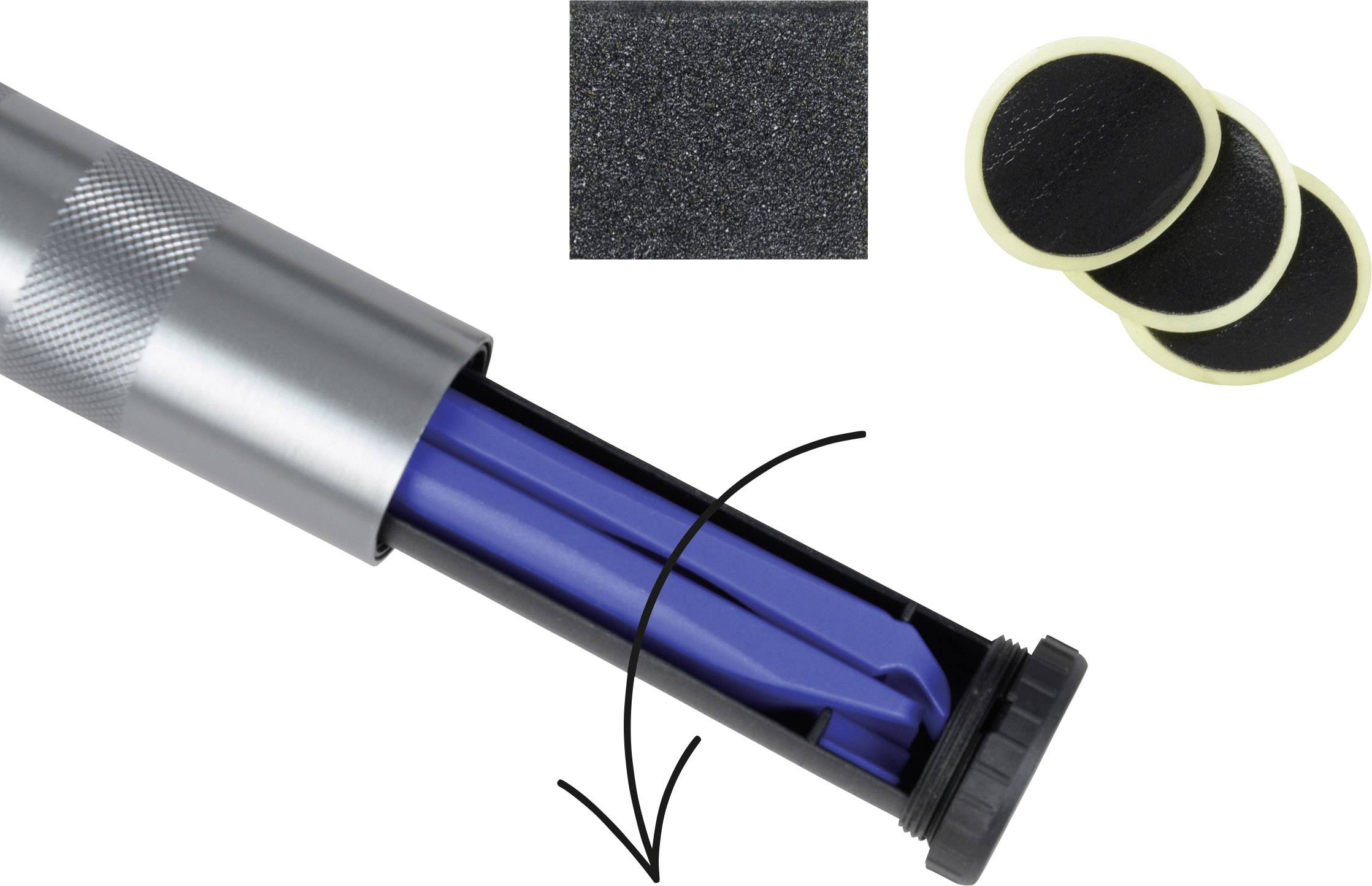 'Glueless Patch-Kit' bestehend aus einem silbernen Zylinder mit blauer Rückseite, drei runden Flicken und Sandpapier oben.