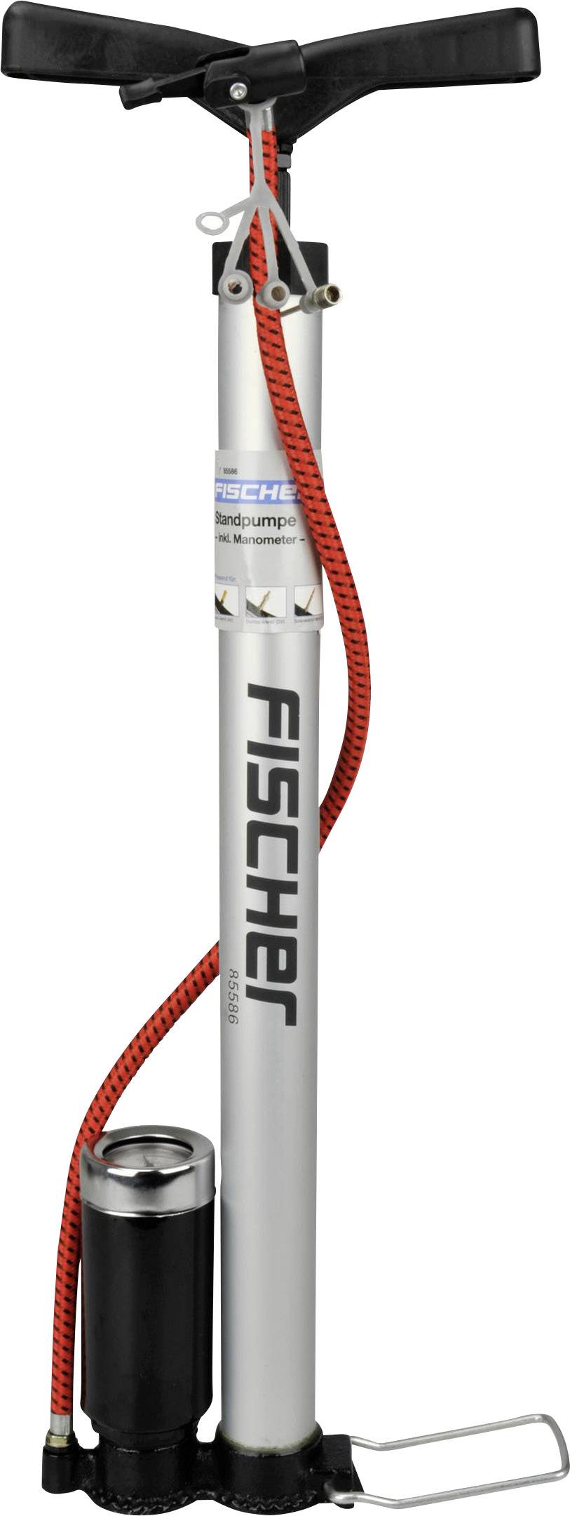 Fahrradpumpe von Fischer mit rotem Schlauch und schwarzem Griff. Geeignet für verschiedene Ventile, tragbar und stabil.