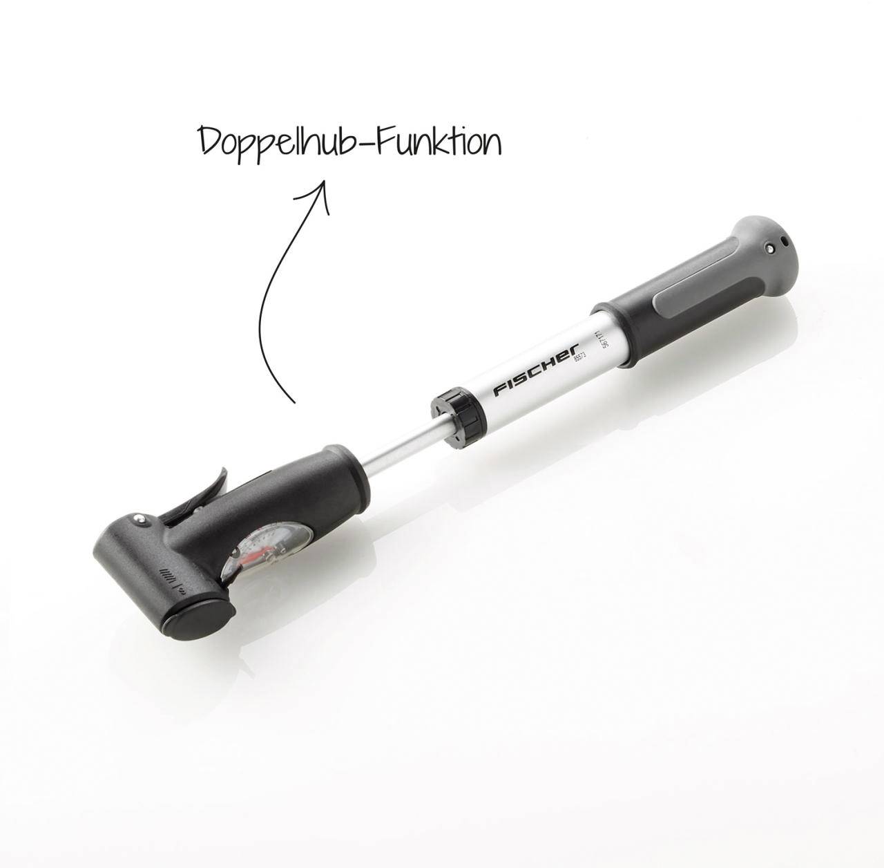 Luftpumpe mit Doppelhub-Funktion, silber und schwarz, mit ergonomischem Griff und Druckanzeige. Geeignet für Fahrräder.