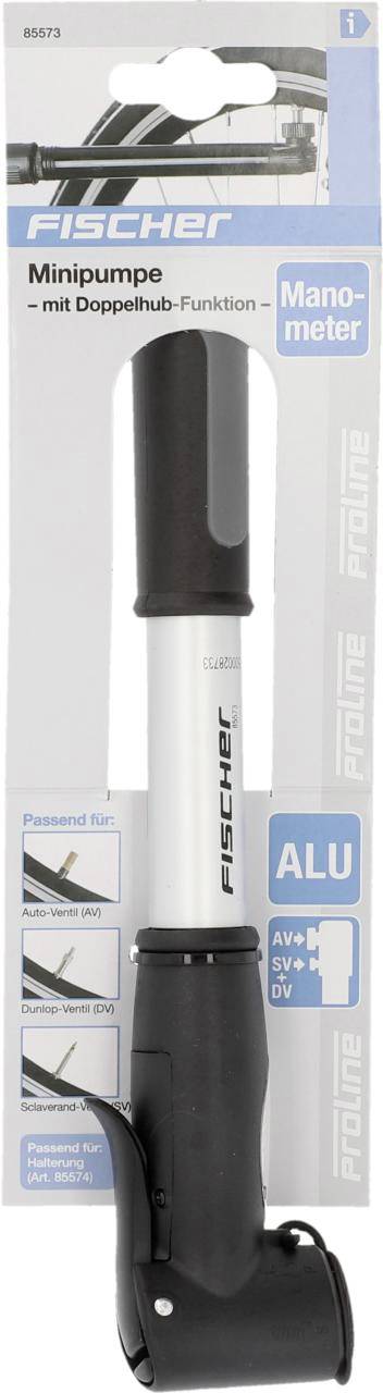 'FISCHER Minipumpe' mit Doppelhub-Funktion und Manometer, geeignet für AV- und SV-Ventile. Verpackung zeigt Pumpe mit schwarzem Griff.