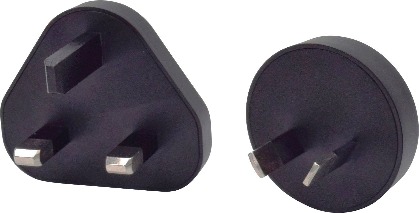 Zwei schwarze Steckdosenadapter mit unterschiedlichen Steckertypen. Links: dreipolig, rechts: zweipolig. Adapter für elektrische Geräte.