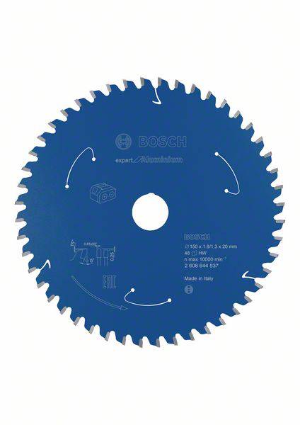 Ein blaues Kreissägeblatt mit Aufschrift 'BOSCH expert Aluminium', zeigt Pfeilrichtung und technische Spezifikationen.