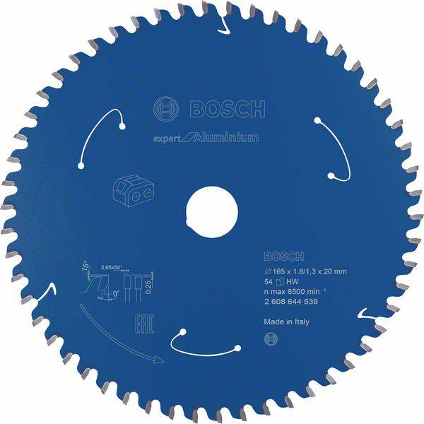 Kreissägeblatt aus Metall mit der Aufschrift 'BOSCH expert für Aluminium'. Durchmesser 165 mm, 54 Zähne, hergestellt in Italien.