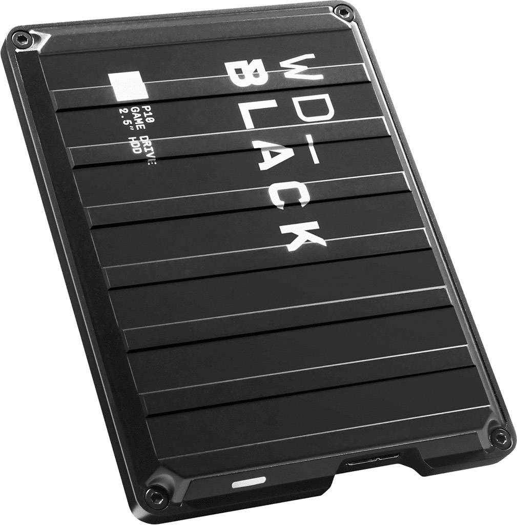 Schwarze externe Festplatte mit der Aufschrift 'WD_BLACK'. Das Gehäuse hat ein geripptes Design, das robust wirkt.