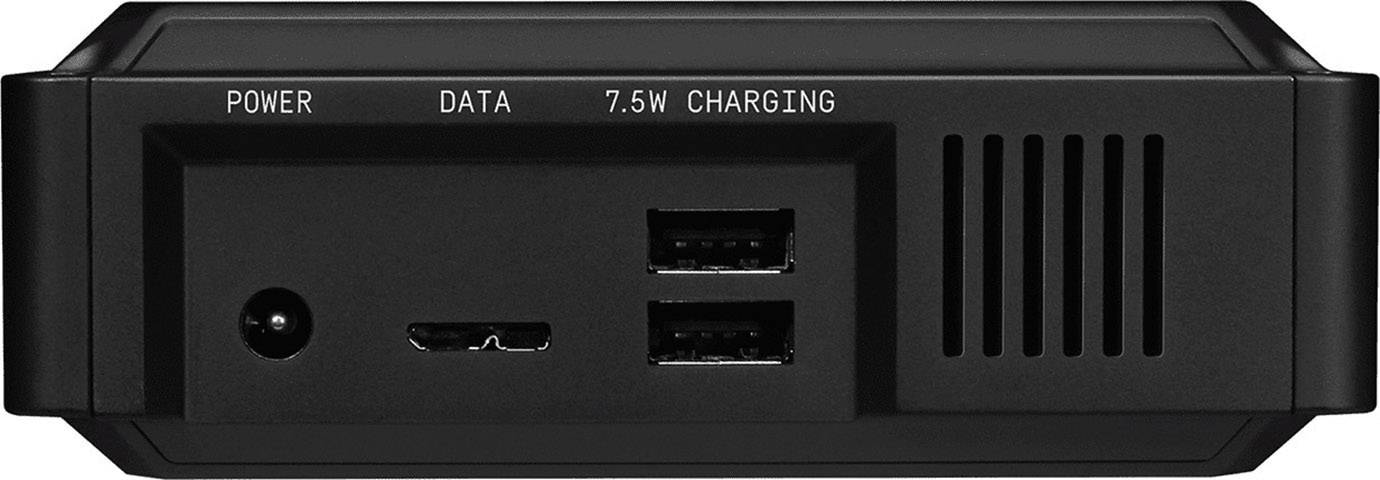 Schwarzes Gerät mit Vorderansicht: Anschlüsse für POWER, DATA und 7.5W CHARGING. Zwei USB-Ports und ein kleiner runder Anschluss.