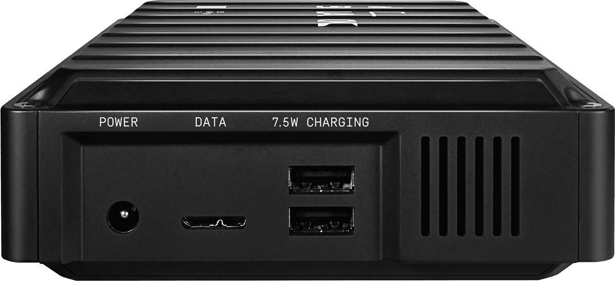Externe Festplatte mit Anschlüssen: Strom, Daten, 7,5W Ladung, zwei USB-Ports. Vorderansicht zeigt Lüftungsschlitze.