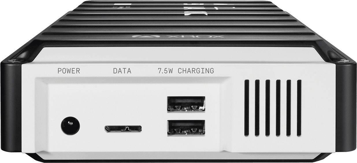 Externe Festplatte mit mehreren Ports an der Vorderseite: Stromanschluss, Datenport und zwei USB-Anschlüsse zum Laden.