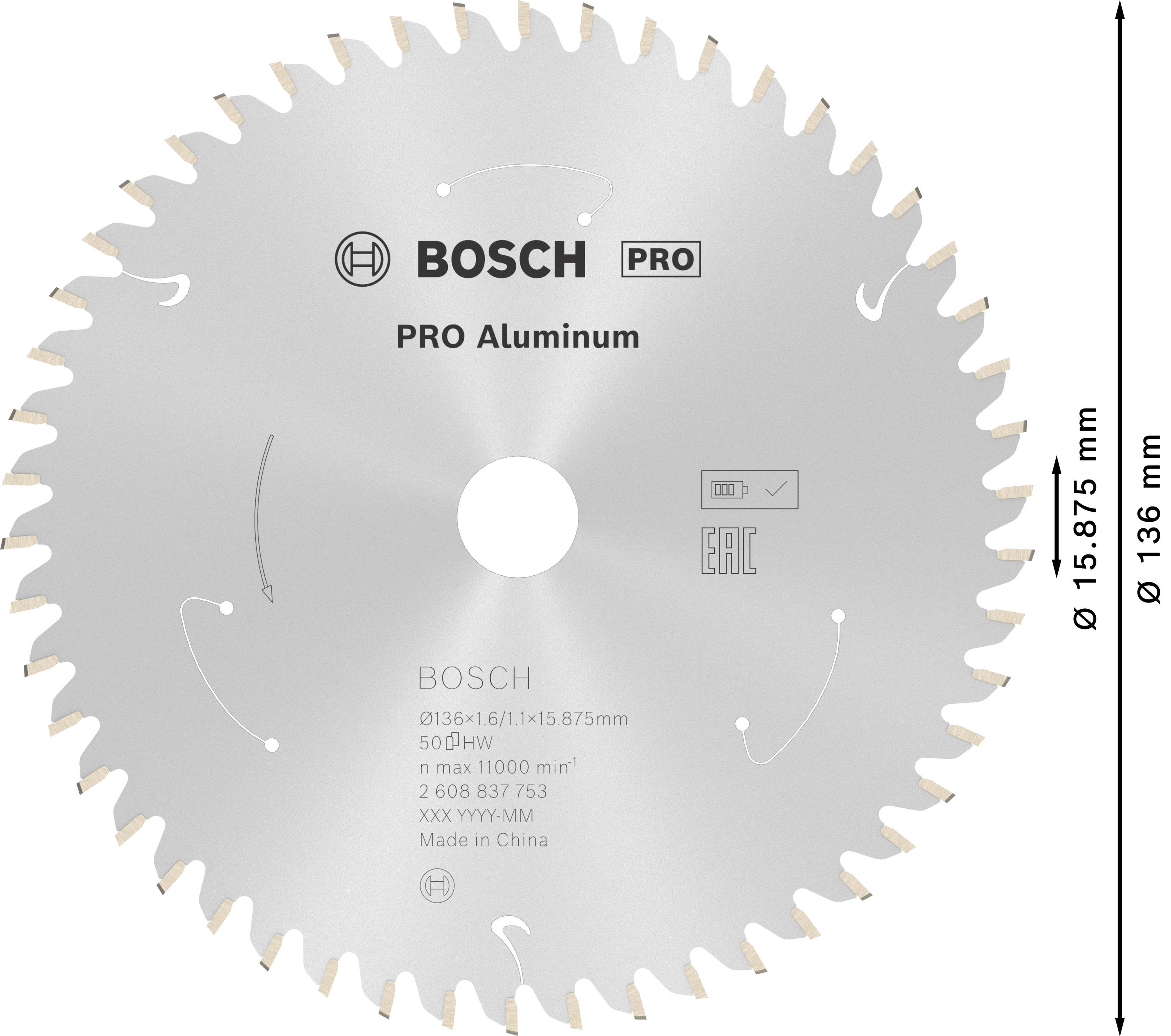 Kreissägeblatt der Marke Bosch mit Aufschrift 'PRO Aluminum', Durchmesser 136 mm, Bohrung 15,875 mm. Made in China.