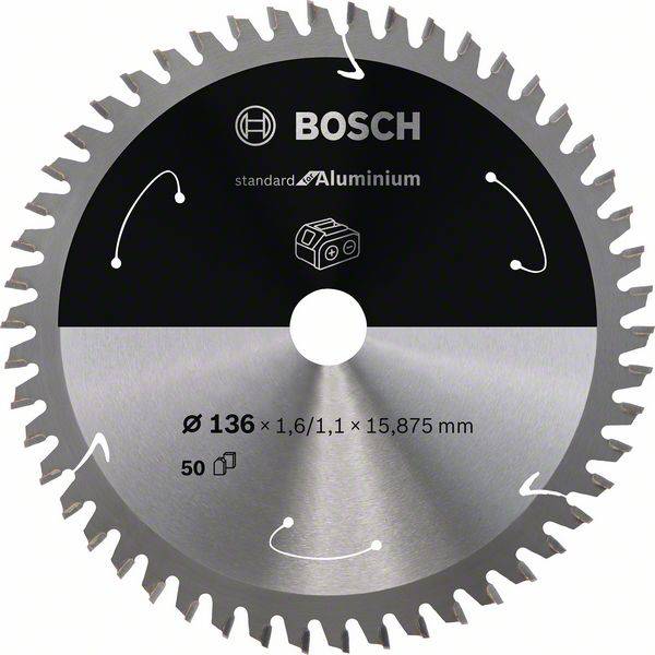 Kreissägeblatt von Bosch, speziell für Aluminium, Durchmesser 136 mm, 50 Zähne, Symbol für Aluminium-Bearbeitung.