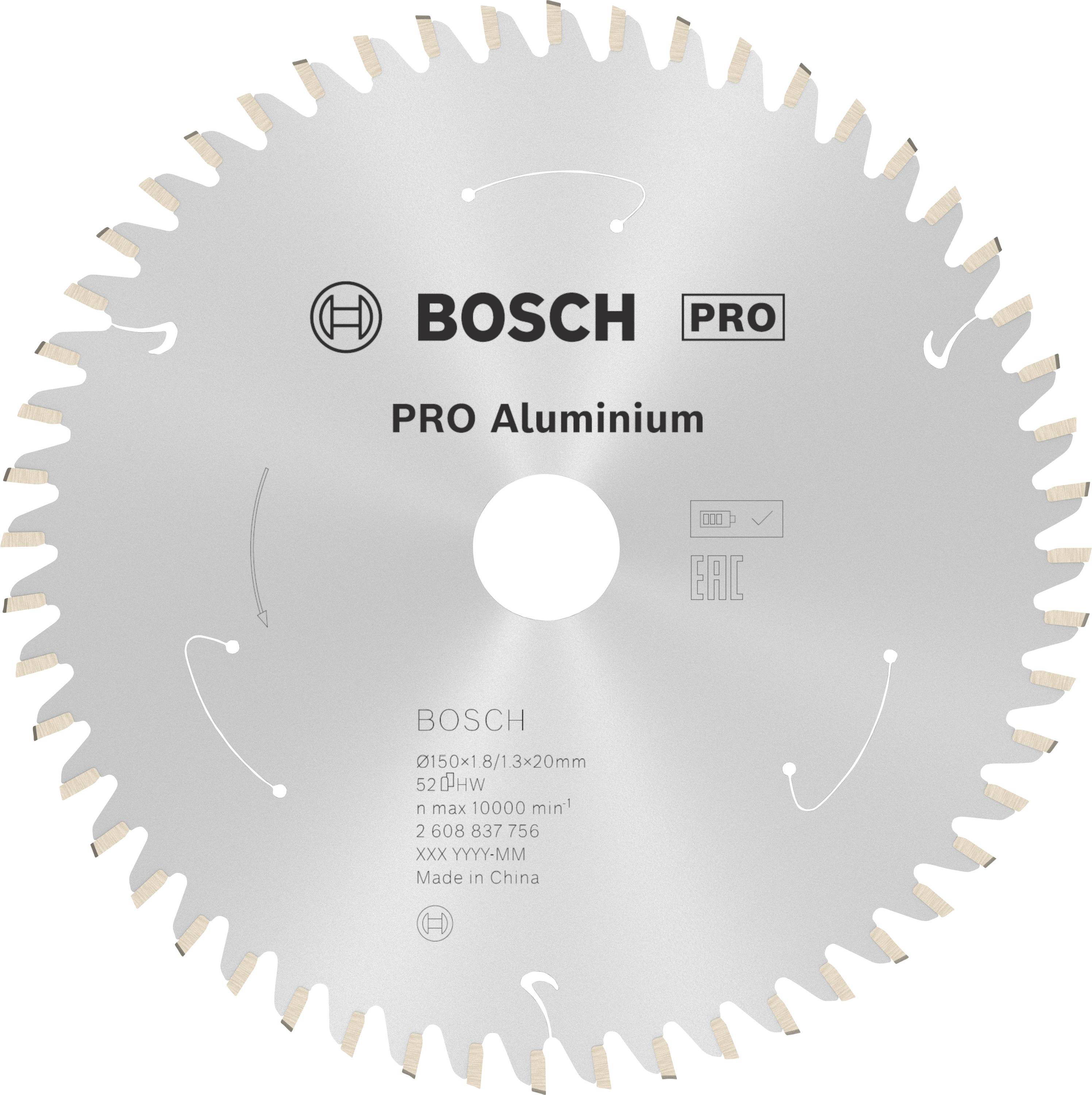 Sägeblatt von Bosch für Aluminium, Durchmesser 150 mm, max. 10.000 U/min, geeignet für verschiedene Schnittleistungen.