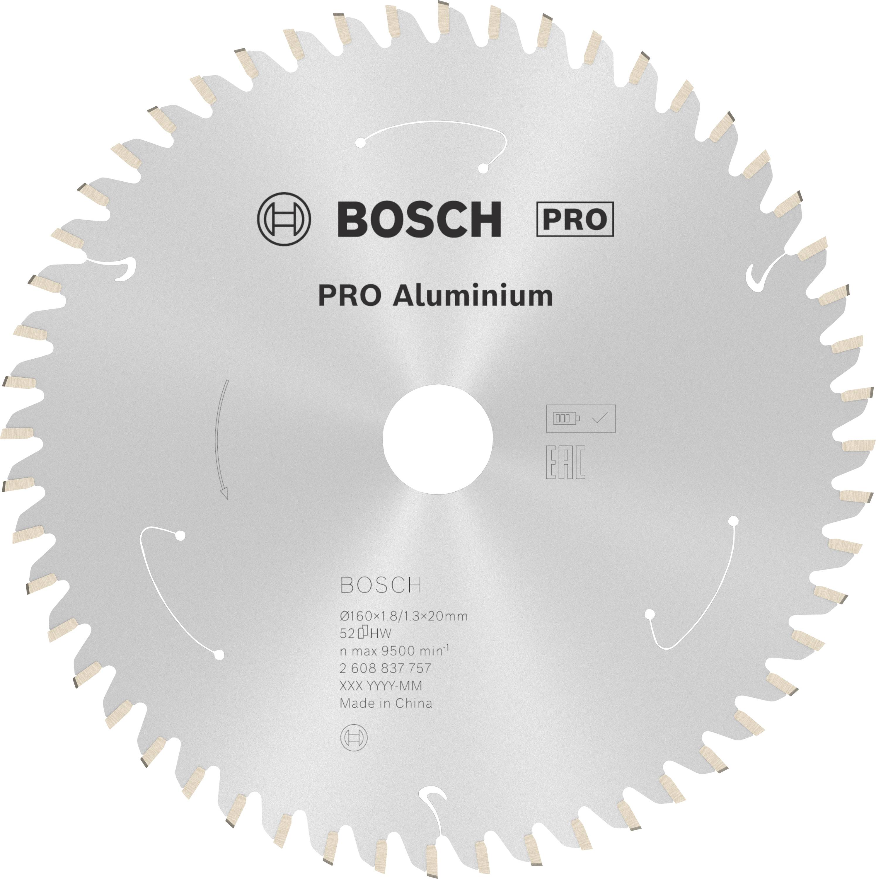 Kreissägeblatt 'Bosch PRO Aluminium' mit 52 Zähnen, geeignet für Aluminium. Beschriftet mit Produktdetails und Herstellerinformationen.
