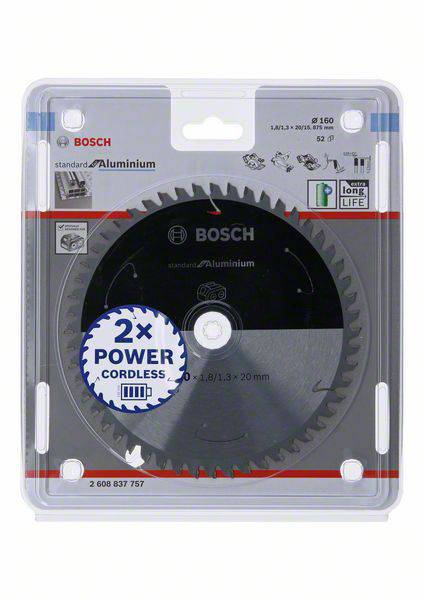 Kreissägeblatt von Bosch für Aluminium, Durchmesser 150 mm, 52 Zähne. Verpackung mit Hinweis '2x Power Cordless' und 'Long Life'.
