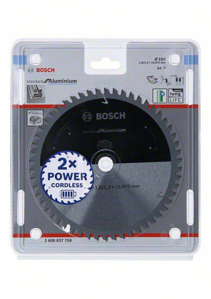 Kreissägeblatt von Bosch, geeignet für Aluminium, Ø 165 mm, 54 Zähne, verpackt in einer durchsichtigen Kunststoffbox.