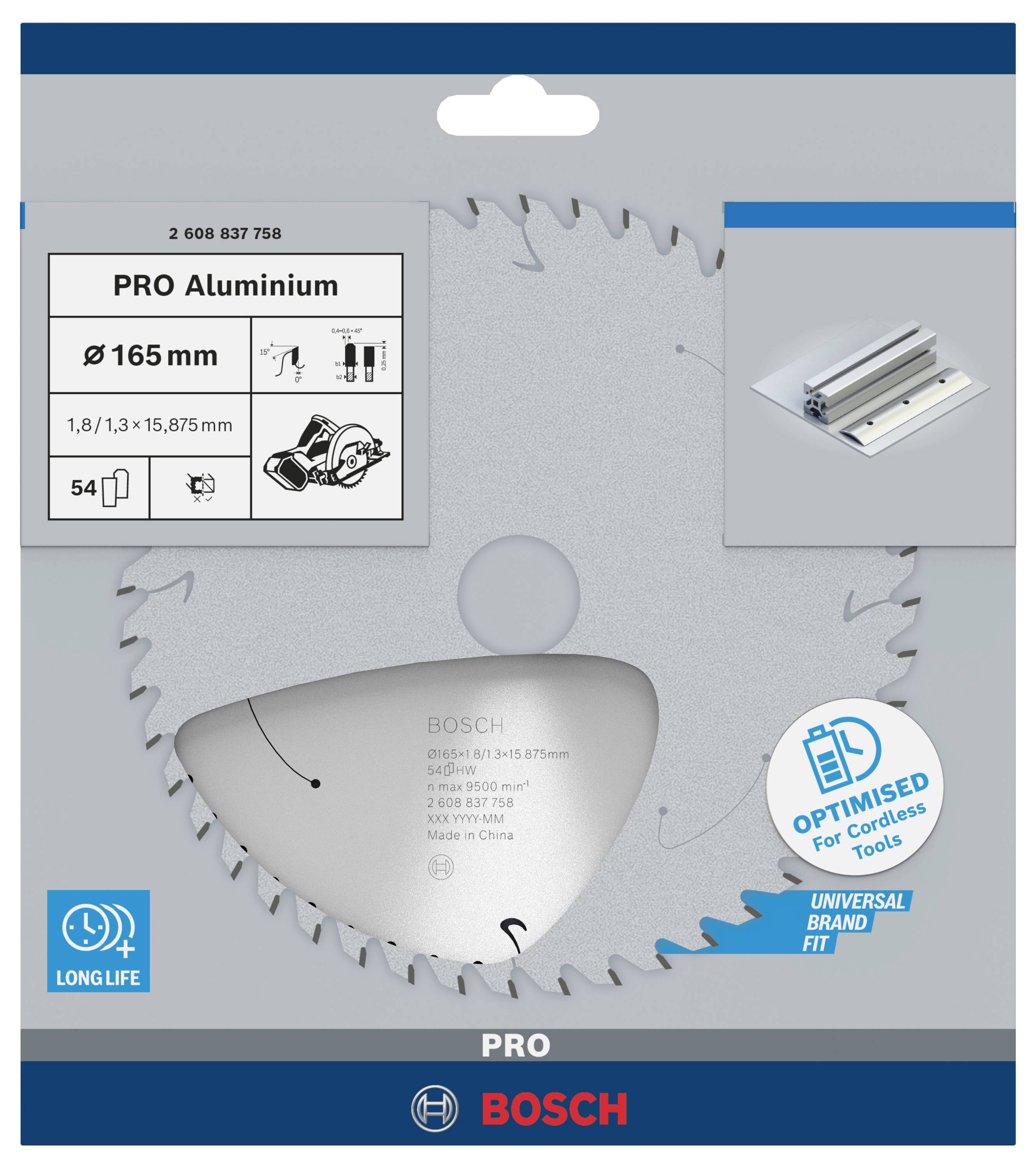 Sägeblatt für Aluminium, Durchmesser 165 mm, passend für kabellose Werkzeuge. Verpackung zeigt Produktdetails und kompatible Werkzeuge.