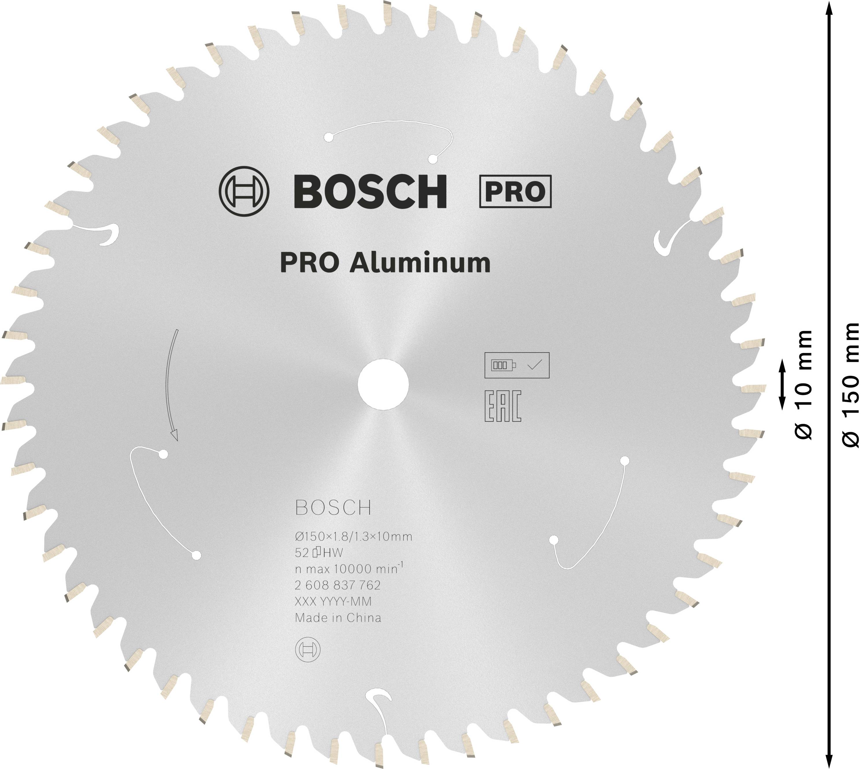 Kreissägeblatt 'BOSCH PRO Aluminium' für Aluminium, Durchmesser 150 mm, Bohrung 10 mm, geeignet für 10.000 U/min.