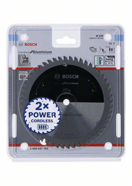 Verpackung eines Kreissägeblatts von Bosch, geeignet für Aluminium, mit der Aufschrift '2x Power Cordless', Durchmesser 150 mm.