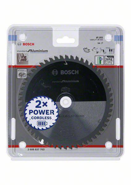 Kreissägeblatt in Verpackung, markiert mit '2x Power Cordless', geeignet für Aluminium, Bosch-Marke, 165 x 20 mm, 54 Zähne.