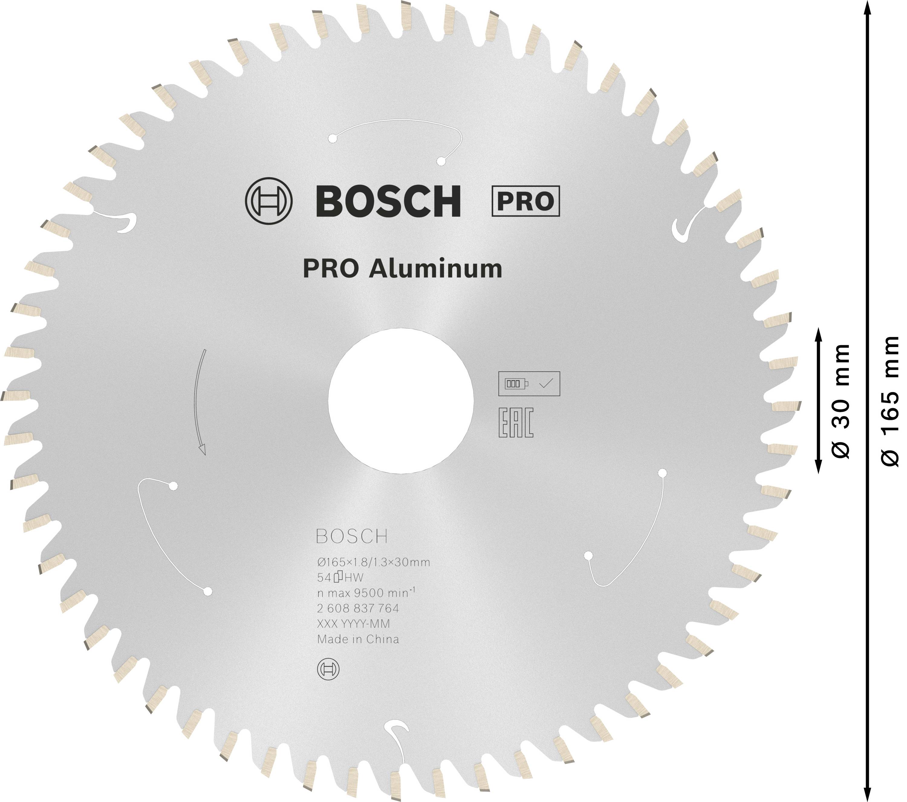 'Bosch PRO Aluminum' Kreissägeblatt, 165 mm Durchmesser, 30 mm Bohrung, 54 Zähne, max. 8500 U/min, geeignet für Aluminium.