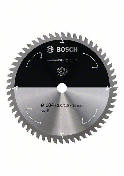 Kreissägeblatt der Marke Bosch, geeignet für Aluminium. Durchmesser 184 mm, Dicke 2,0/1,5 mm, Bohrung 16 mm, 56 Zähne.
