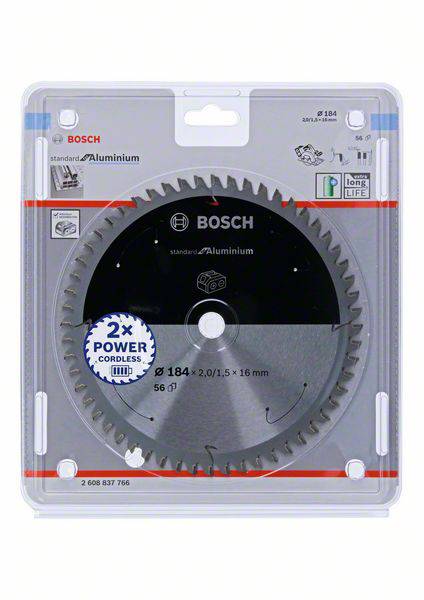Mehrzweck-Sägeblatt von Bosch in Kunststoffverpackung, geeignet zum Schneiden von Aluminium. 184 mm Durchmesser, 16 mm Bohrung.