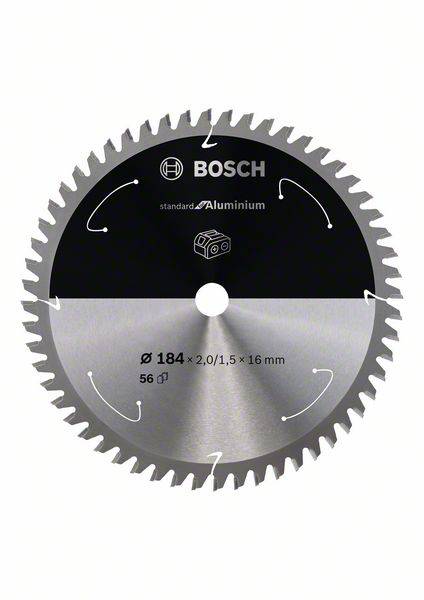Kreissägeblatt von Bosch für Aluminium, Durchmesser 184 mm, 56 Zähne, geeignet für präzise Schnitte in Aluminium und ähnliche Materialien.