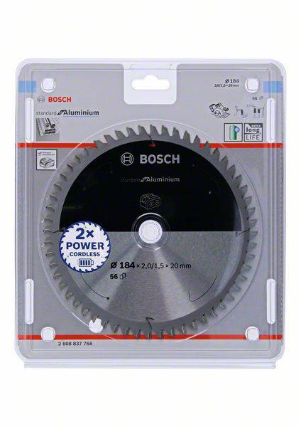Kreissägeblatt in Verpackung, geeignet für Aluminiumarbeiten, Durchmesser 184 mm, Marke: Bosch. 56 Zähne, beworben mit '2x Power'.