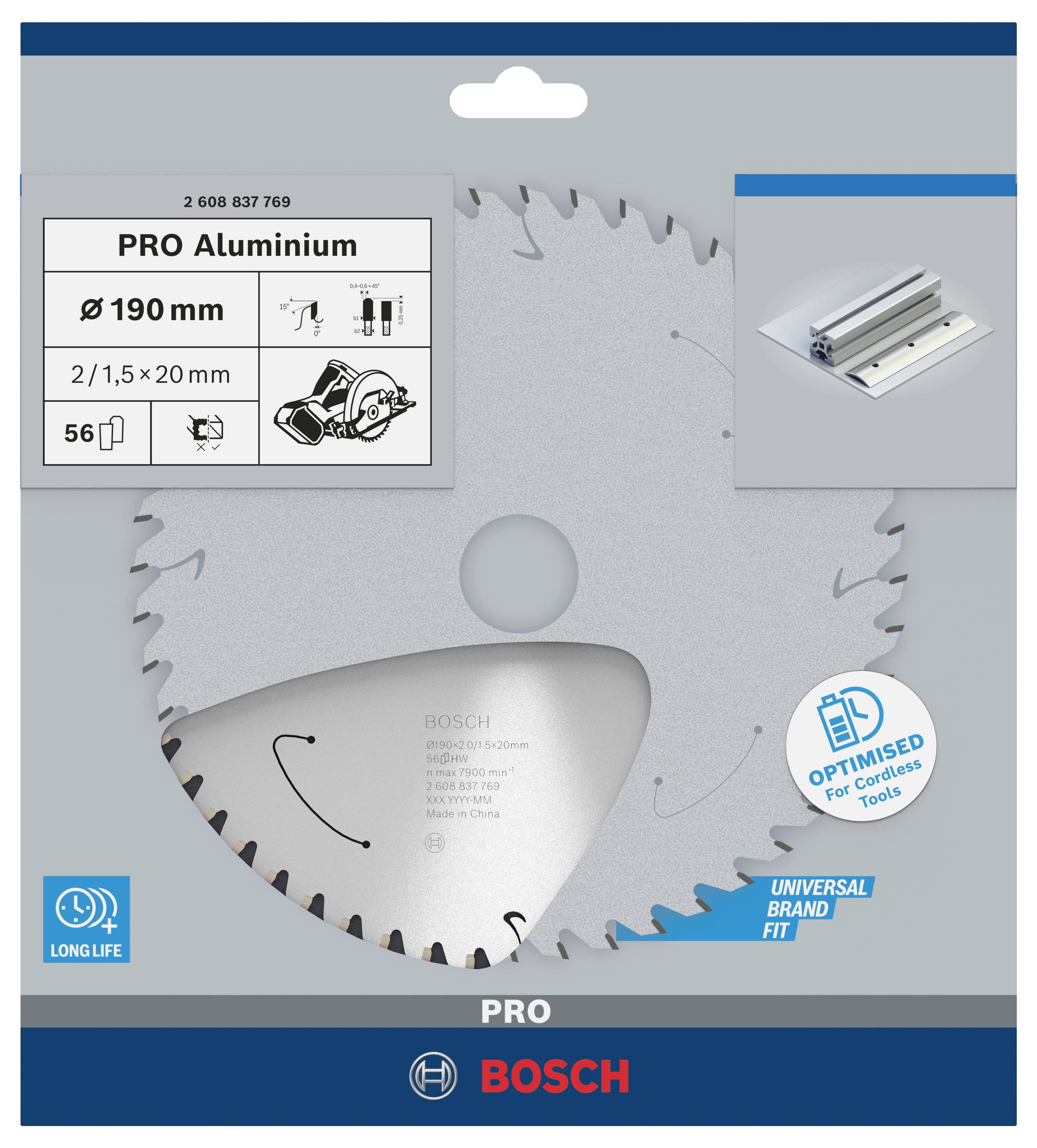 Das Bild zeigt ein Bosch Kreissägeblatt, geeignet für Aluminium, mit 190 mm Durchmesser und 56 Zähnen, optimiert für Handkreissägen.
