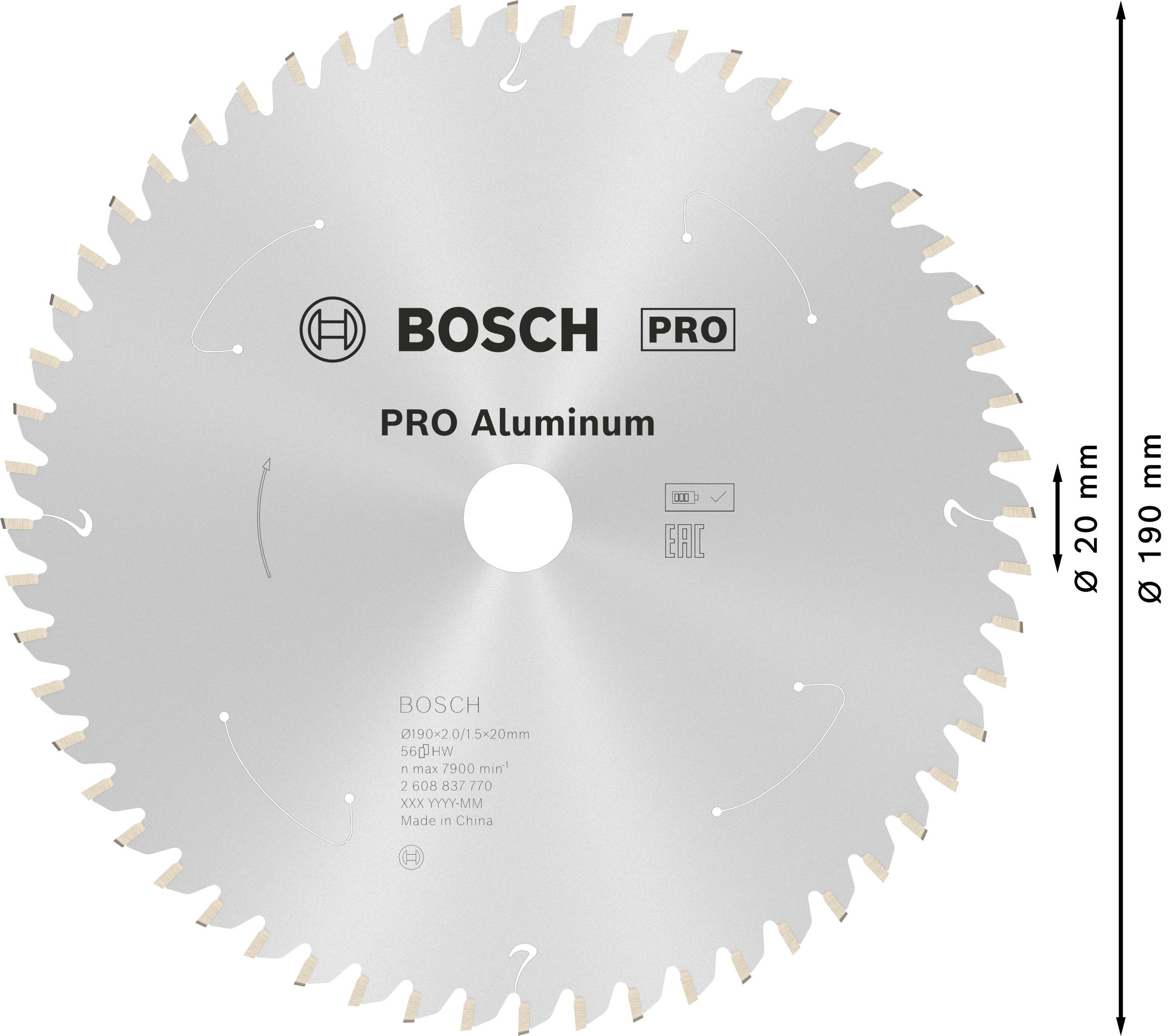Kreissägeblatt von Bosch für Aluminium, Durchmesser 190 mm, 24 Zähne, geeignet für professionelle Anwendungen.