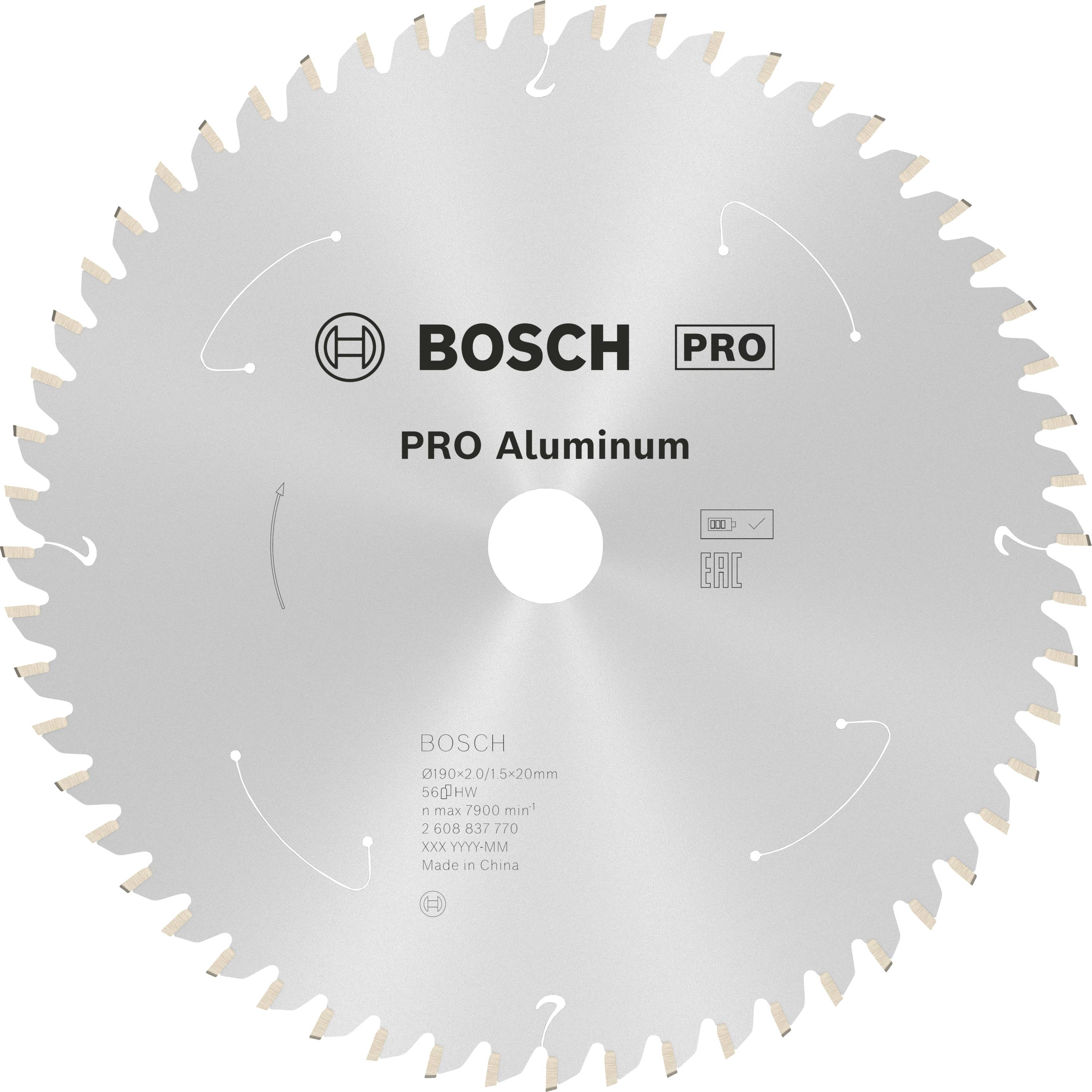 Kreissägeblatt 'BOSCH PRO Aluminum', Durchmesser 250 mm, geeignet für Aluminium. Maximale Umdrehungen 7650 pro Minute. Made in China.