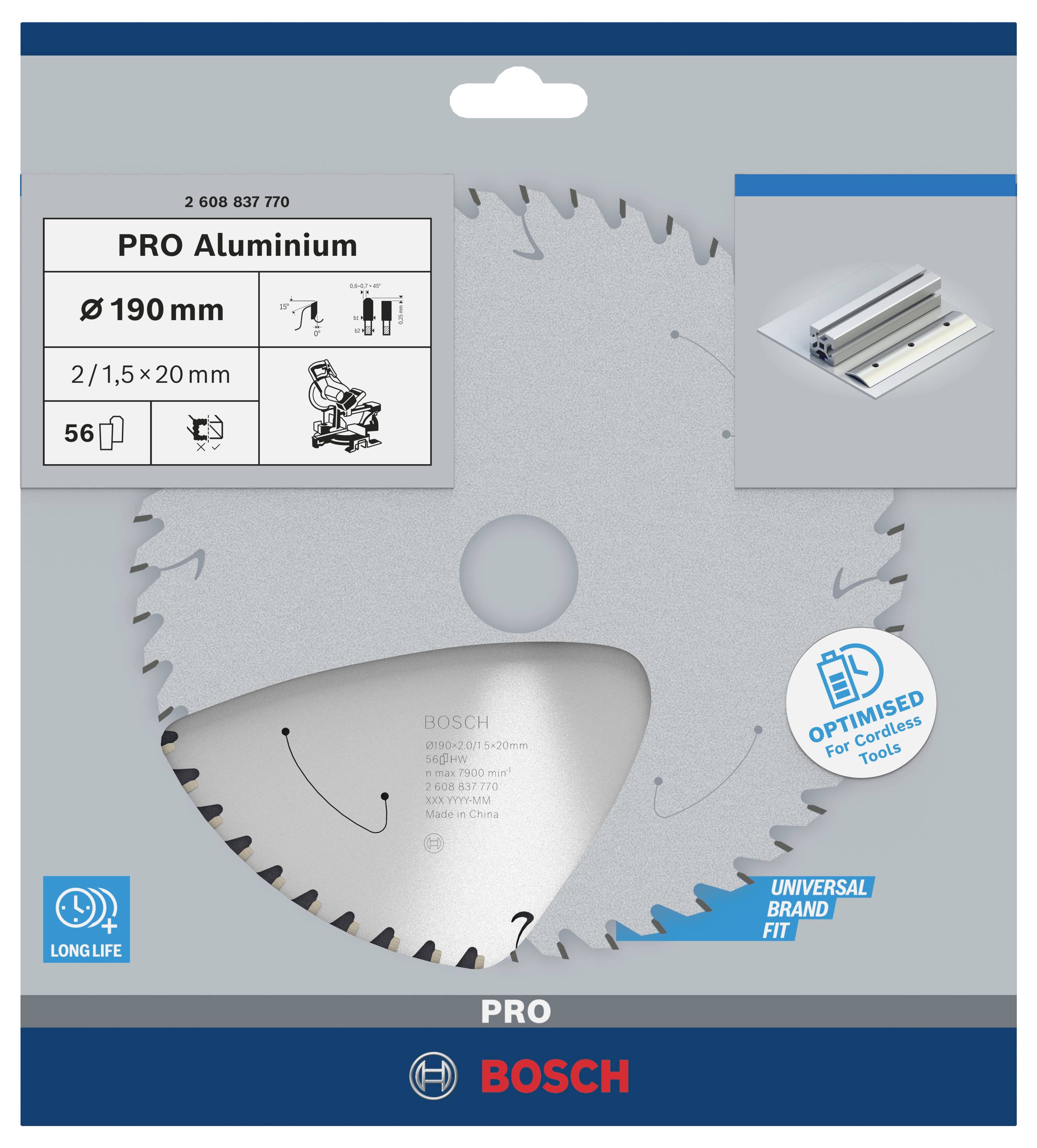 Bosch Kreissägeblatt für Aluminium, ø 190 mm, 2,1/1,5 x 20 mm, 56 Zähne, speziell für kabellose Werkzeuge optimiert.