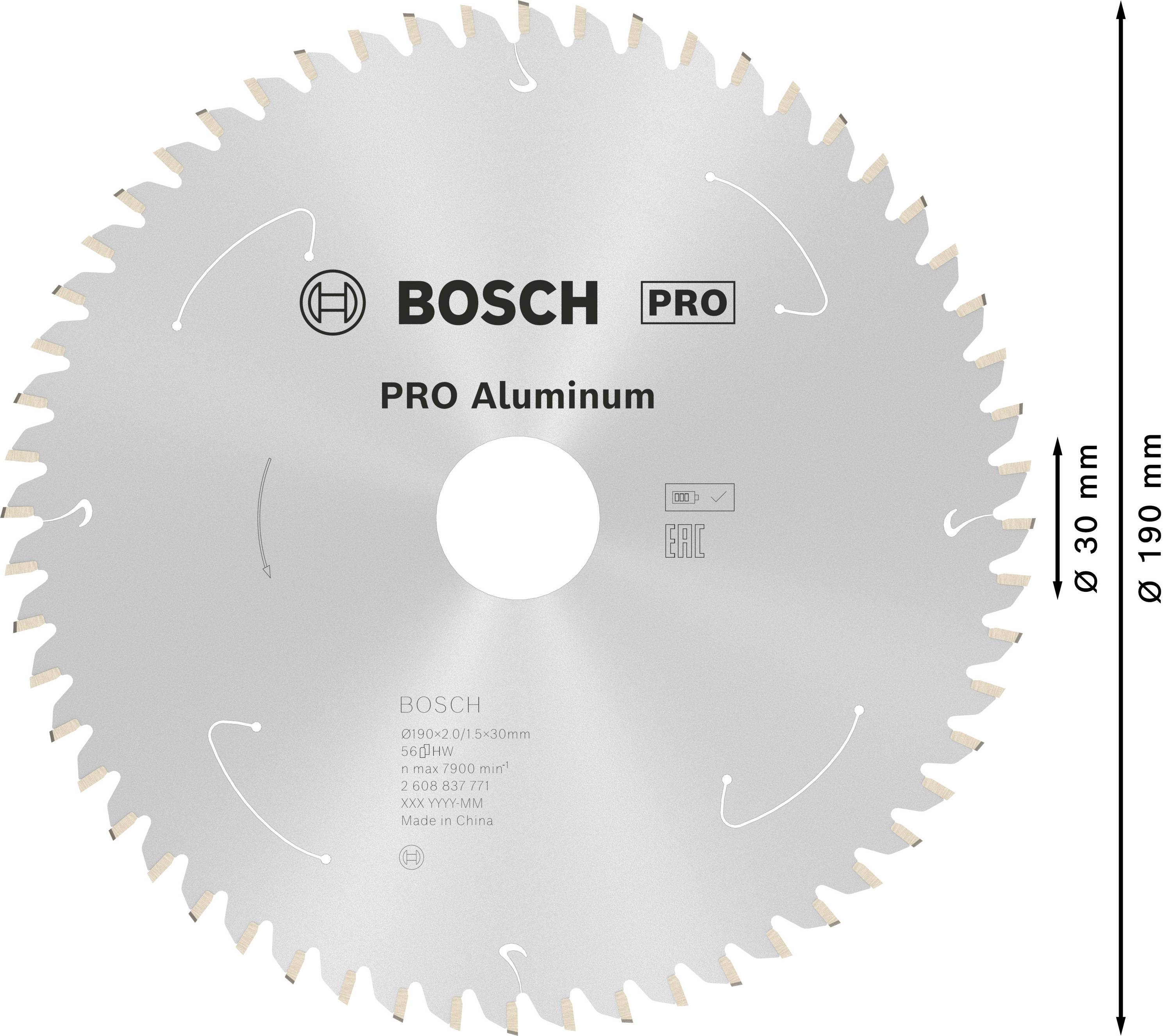 Kreissägeblatt mit der Aufschrift 'Bosch PRO Aluminum'. Durchmesser 190 mm, Lochdurchmesser 30 mm, speziell für Aluminium geeignet.