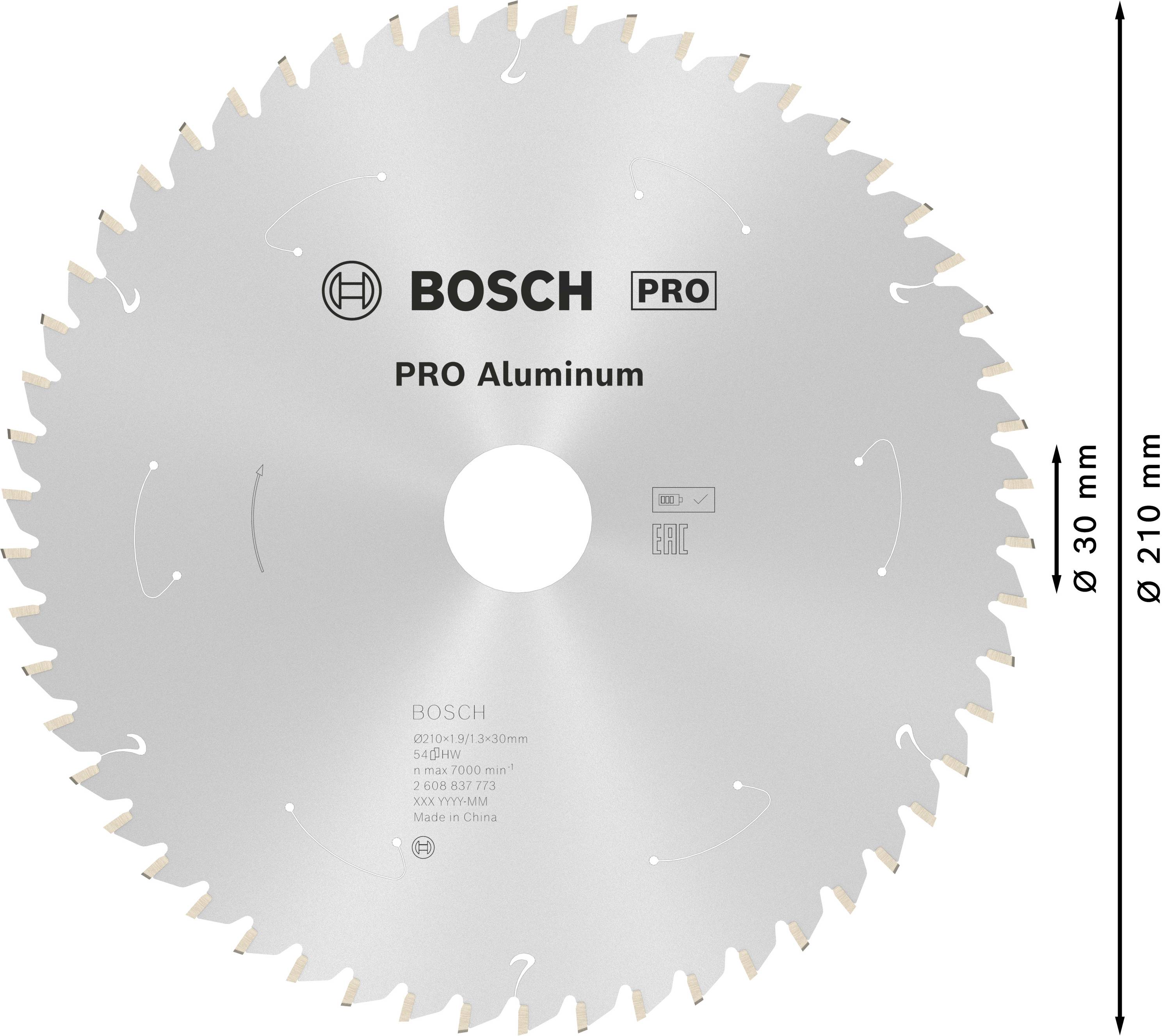 Rundes Sägeblatt von Bosch für Aluminium, Durchmesser 210 mm und Bohrung 30 mm, zeigt Pfeile für Drehrichtung, 60 Zähne.