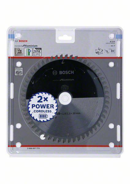 Sägeblatt von Bosch '2x Power Cordless', speziell für Aluminium, langlebig, 210 mm, in Verpackung.