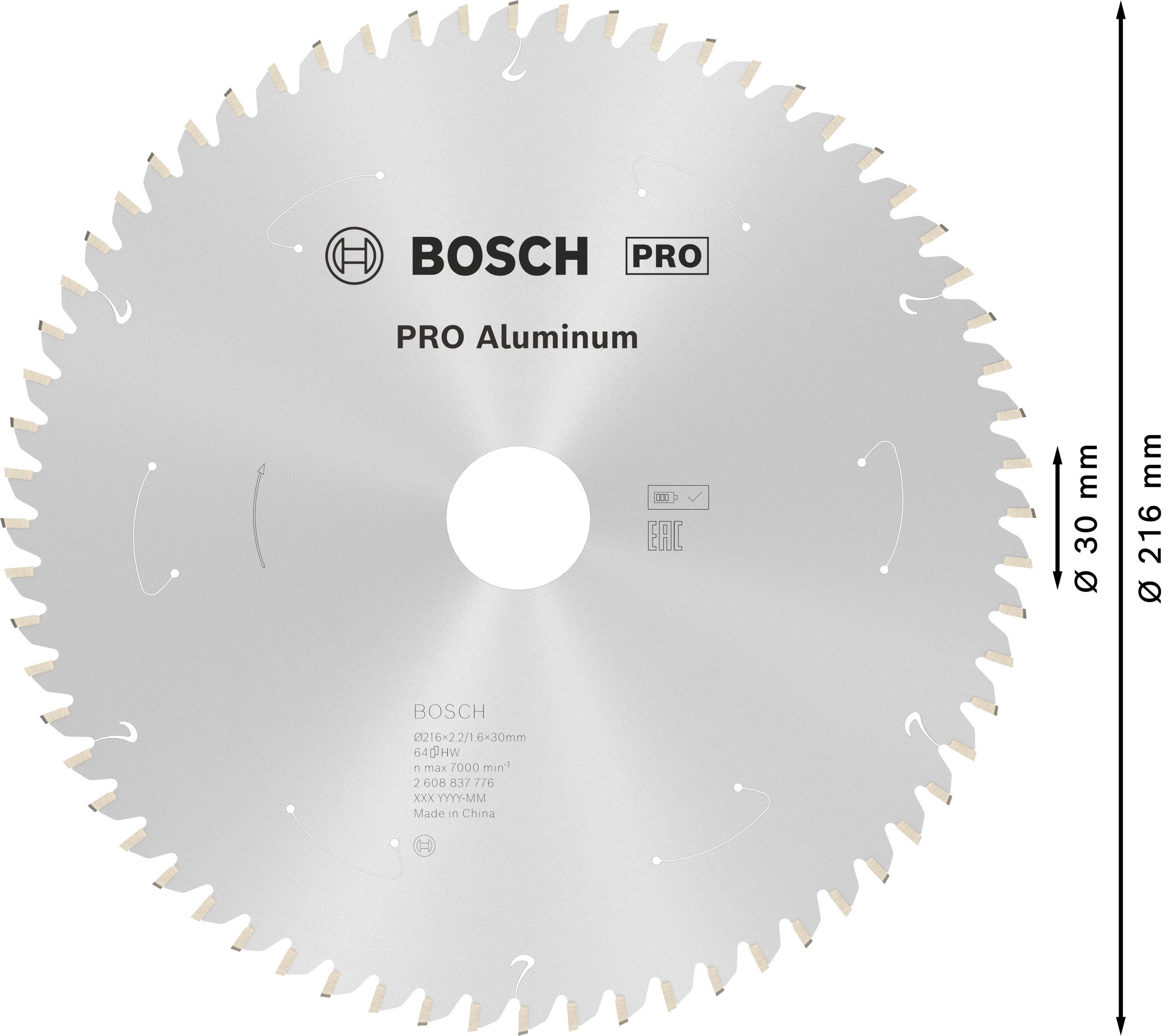 Kreissägeblatt aus Edelstahl mit der Aufschrift 'BOSCH PRO Aluminum', Durchmesser 216 mm, Bohrungsdurchmesser 30 mm.
