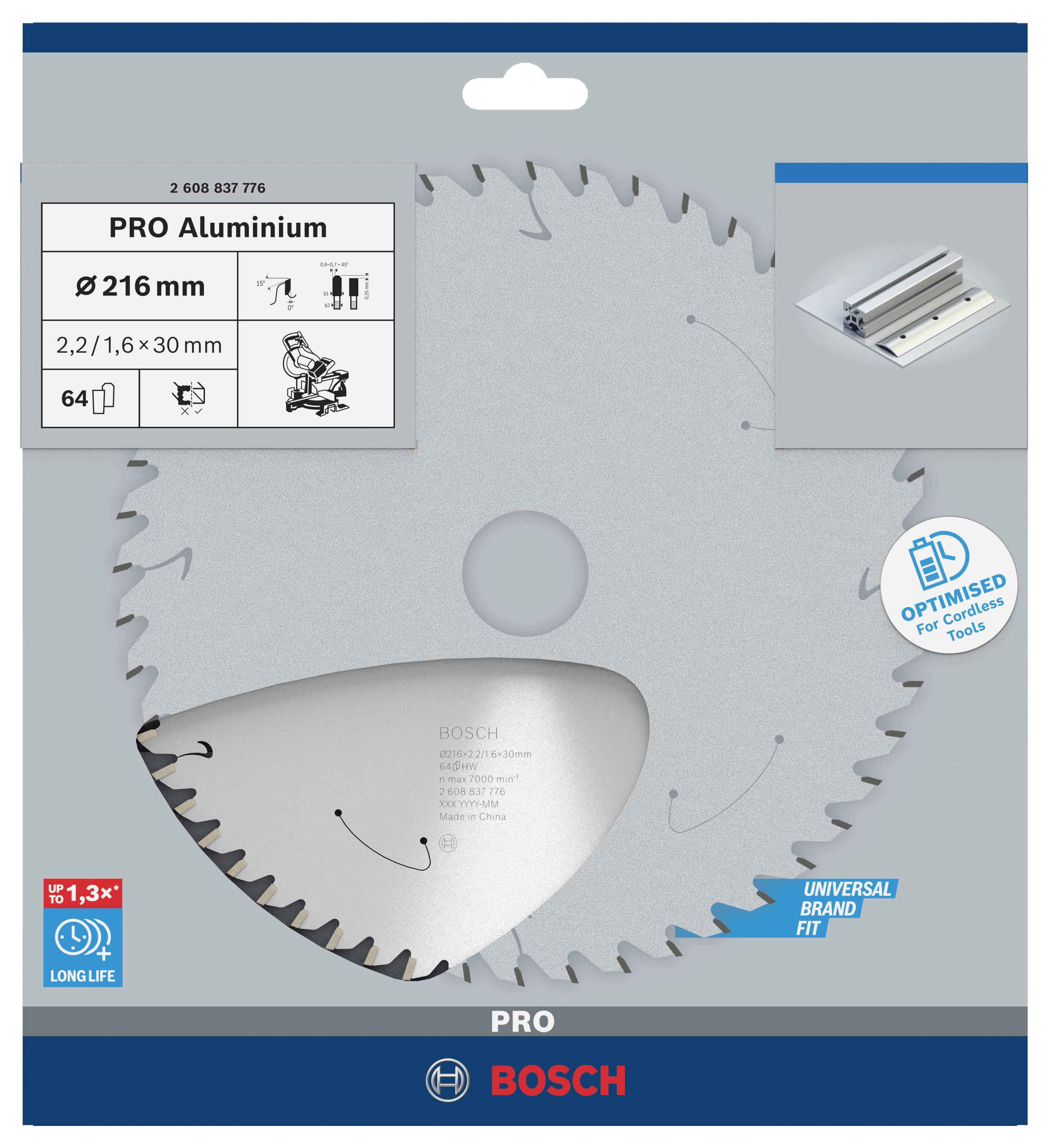 Kreissägeblatt von Bosch 'PRO Aluminium', Durchmesser 216 mm, für Aluminiumzuschnitte, mit optimierter Beschichtung für lange Lebensdauer.