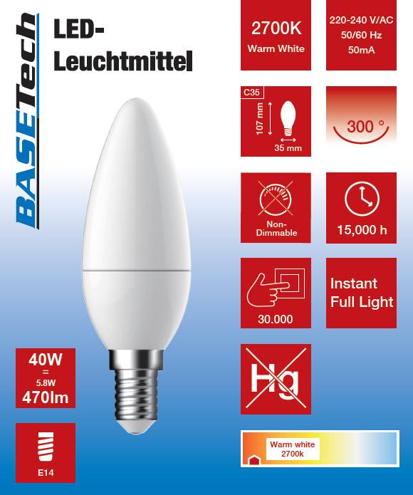 Basetech BT-2161953 LED E14 Kerzenform 5.8W = 40W Warmweiß (Ø x L) 35mm x 107mm 6St.