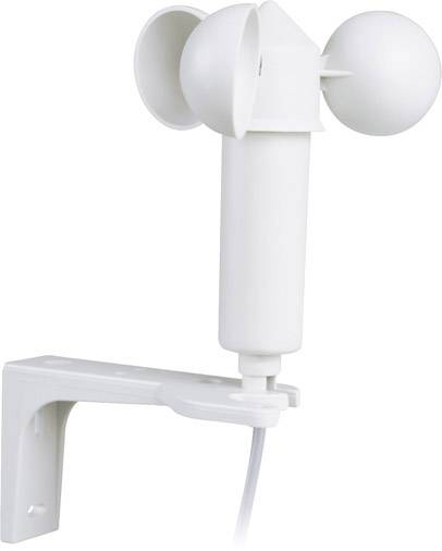 Ein weißer Anemometer mit drei Schalen, montiert auf einer Halterung, misst Windgeschwindigkeit.