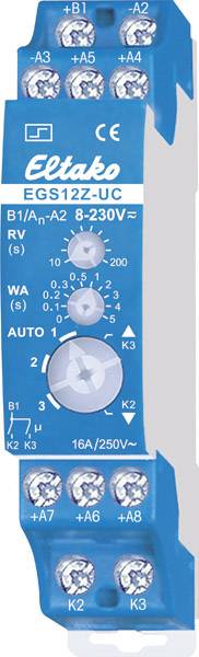 Blaues Eltako EGS12Z-UC Relaismodul mit mehreren Klemmen und einem Drehregler. Spannung: 8–230 V.