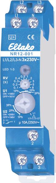 Ein blaues Elektronikbauteil, beschriftet mit 'Eltako NR12-001', zeigt Anschlüsse und einen Schalter für 1- und 3-phasige Stromstärken.