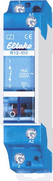 Blaues Elektroschaltrelais mit der Aufschrift 'Eltako R12-100', zeigt Anschlüsse für A1 und A2, geeignet für 16A, 250V.